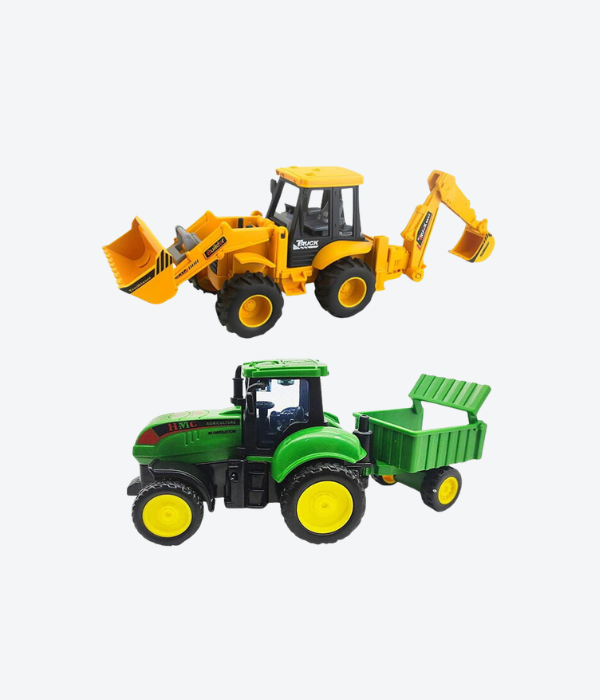 Combo Bulldozer & Agriculture Farm Tractor with Trolley – Friction (2 PCS)