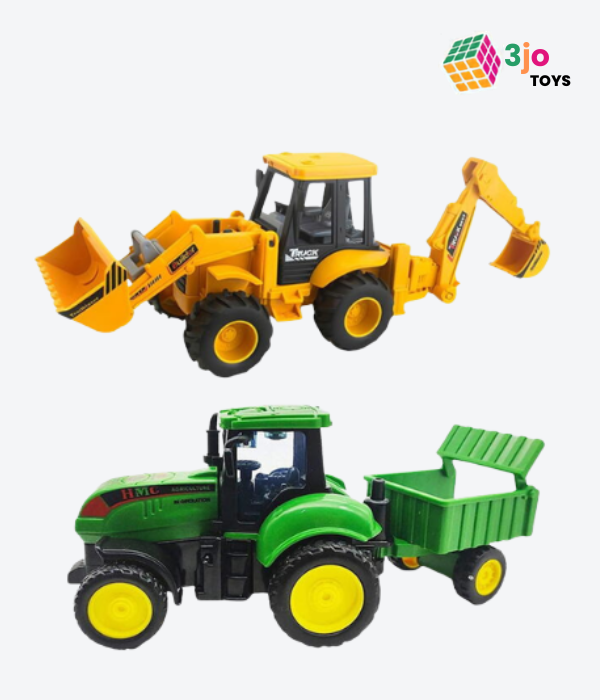 Combo Bulldozer & Agriculture Farm Tractor with Trolley – Friction (2 PCS)